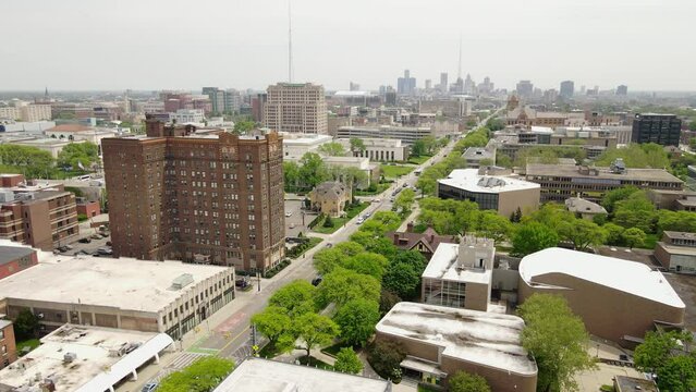 Wayne State University Campus, with Detroit City skyline in the background