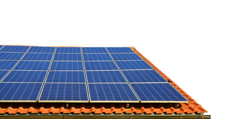 Solar energy panel on the roof of the house isolated on transparent background, PNG.	