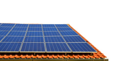 Solar energy panel on the roof of the house isolated on transparent background, PNG.	