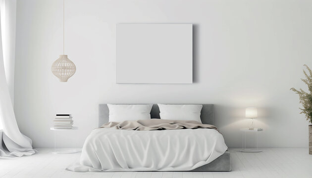 Empty room interior background natural light,Interior of modern and minimalist style bedroom with a mock up poster canvas frame