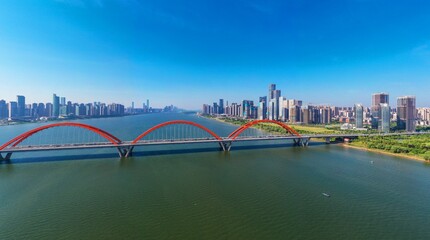Aerial changsha xiangjiang river scenery FuYuan road bridge