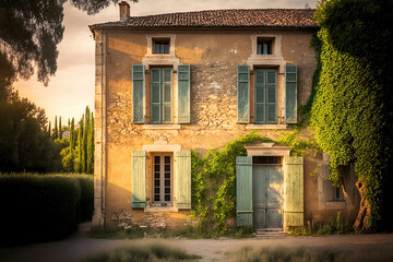 An old sandstone mansion with blue shutters and ivy in the south of France. Provencal architectural style. Photorealistic drawing generated by AI. - obrazy, fototapety, plakaty