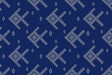 Indigo navy blue geometric traditional ethnic pattern Ikat seamless pattern border abstract design for fabric print cloth dress carpet curtains and sarong Aztec African Indian Indonesian 