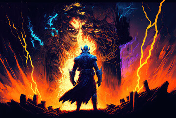 Fototapeta premium knight facing the gateway to the underworld, digital art style