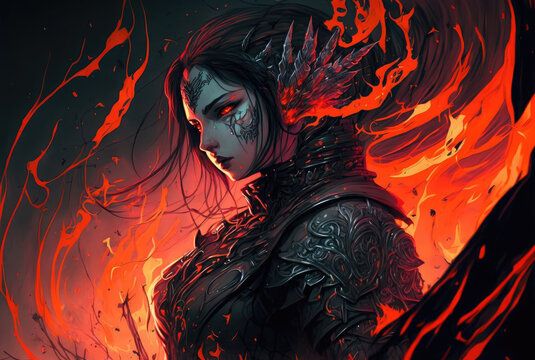 villainess in armor with red eyes, digital art style