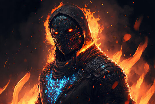 flaming evil knight with glowing red eyes, digital art style