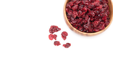 Top view of dried cranberries isolated on white background. Selective focus