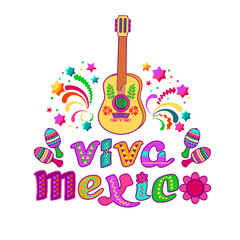 Viva Mexico, decorated logo. Cartoon letters and guitar, maracas. Vector.