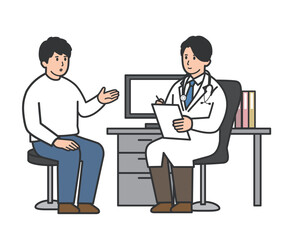 診察室で男性医師に説明する男性