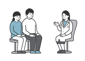 診察で女性医師から説明をうける夫婦のイラスト