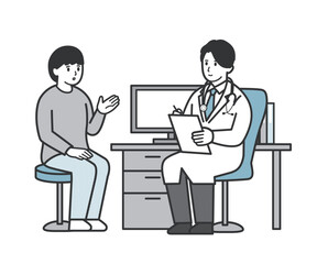 診察室で男性医師に説明する女性