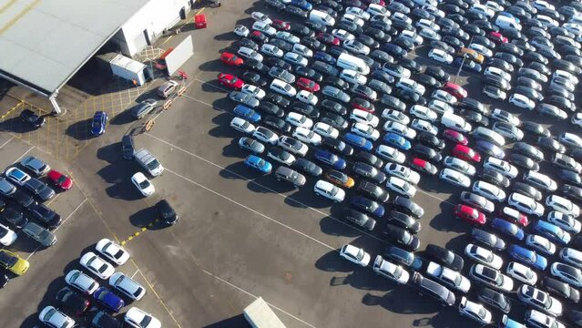 Aerial Footage of Huge Car Parking at Kempston Bedford Town of England UK. The Footage Was Captured on 06-Feb-2023 with Drone's Camera	