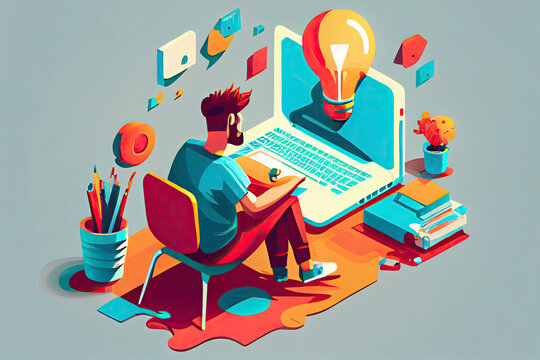 Young man working on the laptop computer and having a idea. Freelance job, creativity innovation and business idea concept. 3d vector people character illustration. Cartoon minimal style