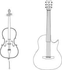 Sketch vector illustration of guitar and violin stringed musical instruments