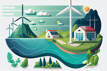 Flat vector illustration is showing alternative clean energy sources: hydro energy, wind energy