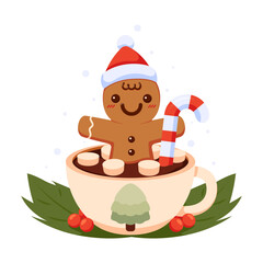 Gingerbread Man with Christmas Santa Hat inside Coffee Cup