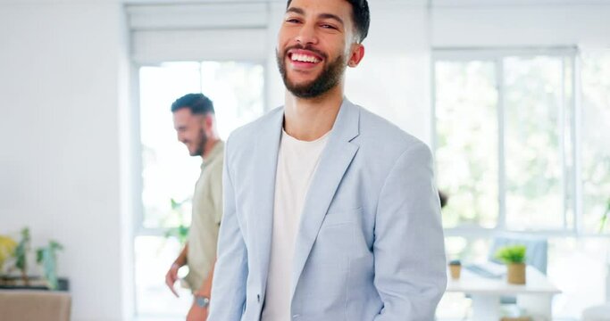 Office, high five and men greeting at work with smile walking and connect in lobby of creative startup together. Hello, business friends and excited employees greet, happy friendship or partnership.