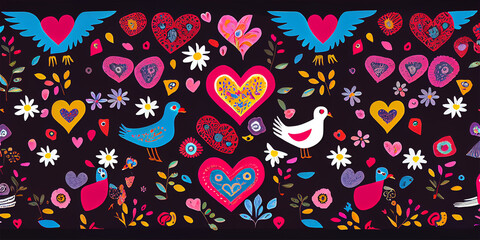 Folk naif pattern ideal for Valentines with birds, hearts and flowers, generative AI