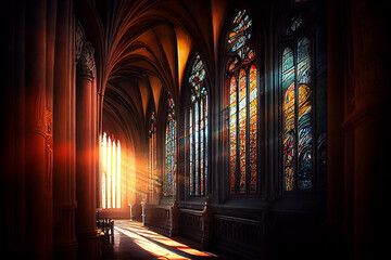 Magnificent cathedral interior with light filtering through the stained glass, generative AI