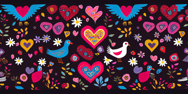 Folk naif pattern ideal for Valentines with birds, hearts and flowers, generative AI