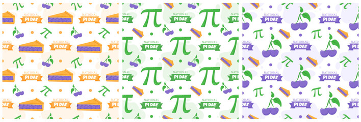 Set of Pi Day Seamless Pattern Design with Mathematical Constants or Baked Pie in Template Hand Drawn Cartoon Flat Illustration