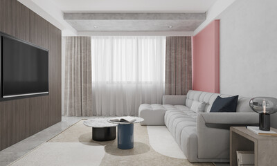 The modern luxury interior of the living room is bright and clean. 3D illustration