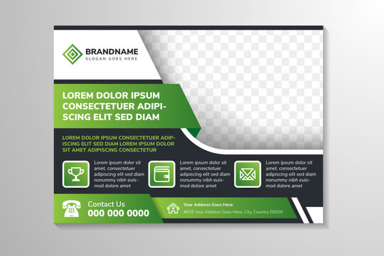 dummy text headline for horizontal layout banner design template with black background. space of photo collage. Combination green gradient and white element design.