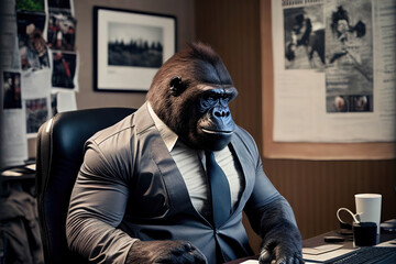 ai generated, gorilla dressed  as a human, working as the boss in an office, ceo concept, suit and tie