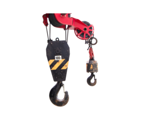 Lifting cranes hook black yellow red (ZOKE CRANE) hanging large-scale on sling steel ropes Industrial is often used in lifting applications to be device facilitates moving isolated on cutout PNG.