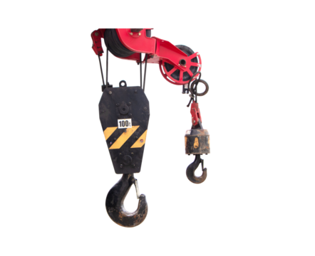 Lifting cranes hook black yellow red (ZOKE CRANE) hanging large-scale on sling steel ropes Industrial is often used in lifting applications to be device facilitates moving isolated on cutout PNG.
