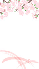 白背景にグラデーションで立体的な桜の花とピンク色の筆のストロークの和風ベクターイラスト　縦型