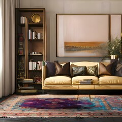 Boho chic living room with patterned rug2, Generative AI