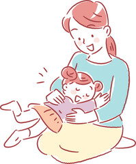 女の子を膝の上に乗せてスキンシップをする若いお母さん