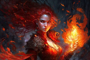 A sorceress with hair of scarlet red, casting powerful fireballs of red flames. Digital art painting, Fantasy art, Wallpaper. Generative ai.