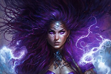 A sorceress with hair of deep purple, wielding the power of dark magic with a flash of bright purple. Digital art painting, Fantasy art, Wallpaper. Generative ai.