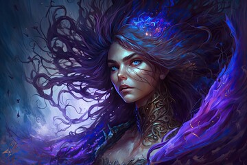 Fototapeta premium A sorceress with hair of deep indigo, wielding the power of the night with dark magic and bright indigo light. Digital art painting, Fantasy art, Wallpaper. Generative ai.
