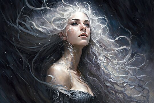A sorceress with hair of silver, calling forth a storm of silvery stars. Digital art painting, Fantasy art, Wallpaper. Generative ai.