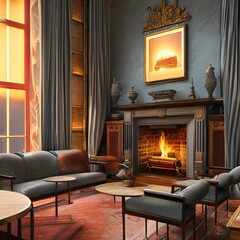 Fototapeta premium Cozy living room with fireplace2, Generative AI
