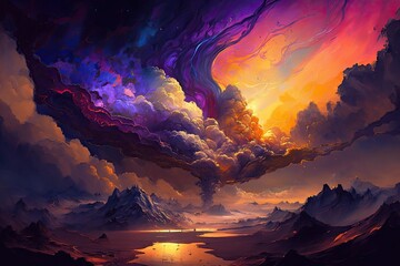 A sky filled with swirling clouds of gold and purple, casting a warm glow on the land below. Digital art painting, Fantasy art, Wallpaper