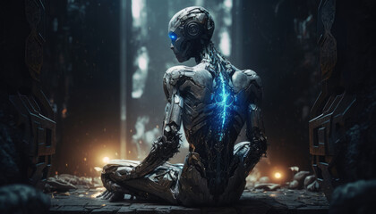 Fototapeta na wymiar Cyborg Artificial intelligence with luminous eyes sitting in lotus pose for meditation. Robotic synthetic futuristic scifi. Generative AI.