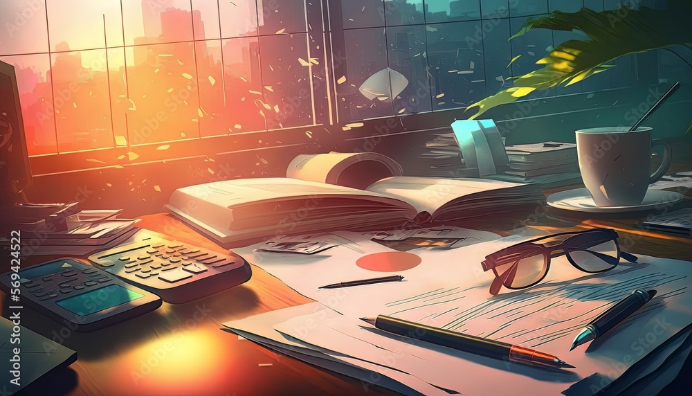 Aufkleber afternoon at the office with light shining through the glass window background. generative ai techno