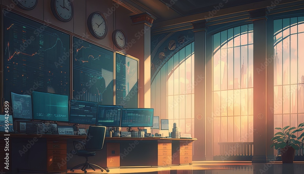 Aufkleber Afternoon office of a stock businessman trader background. Generative AI technology.	
