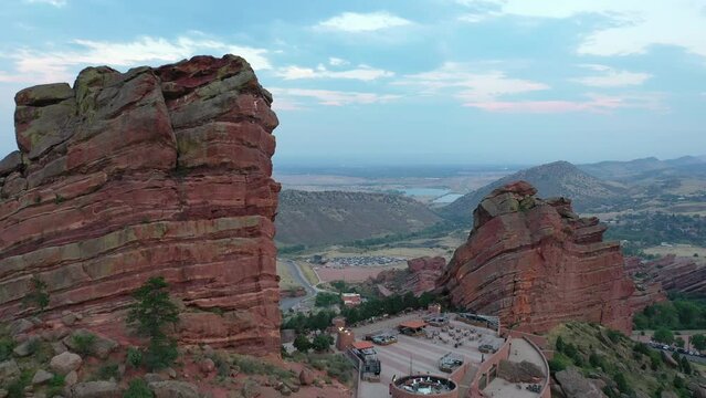 Epic setting of Red Rocks Amphitheatre in Morrison, Colorado - aerial fly over