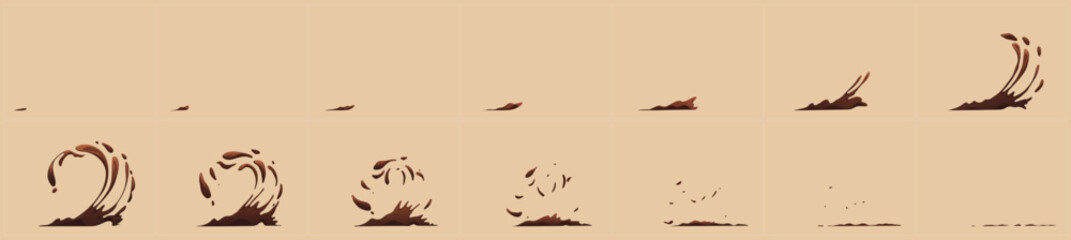 Coffee splash, hot chocolate or cocoa wave with swirl and drops. Animation sprite sheet with brown drink splash effect, vector cartoon set isolated on background