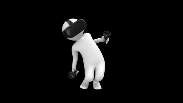 Stickman play game in virtual reality headset - 3d render looped with alpha channel.

