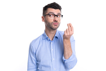 photo of young perfect man with yummy gesture. perfect man show yummy isolated on white