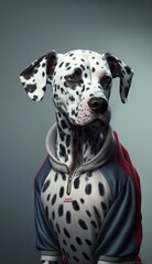 Photo Shoot of Cool, Cute and Adorable Humanoid Dalmatian Dog in Stylish Sportswear:A Unique Athletic Animal in Action with Comfortable Activewear and Gym Clothes like Men, Women, and Kids