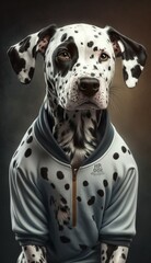 Photo Shoot of Cool, Cute and Adorable Humanoid Dalmatian Dog in Stylish Sportswear:A Unique Athletic Animal in Action with Comfortable Activewear and Gym Clothes like Men, Women, and Kids