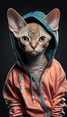 Photo Shoot of Cool, Cute and Adorable Humanoid Devon Rex Cat in Stylish Sportswear:A Unique Athletic Animal in Action with Comfortable Activewear and Gym Clothes like Men, Women, and Kids