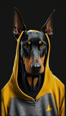 Photo Shoot of Cool, Cute and Adorable Humanoid Doberman Pinscher Dog in Stylish Sportswear:A Unique Athletic Animal in Action with Comfortable Activewear and Gym Clothes like Men, Women, and Kids